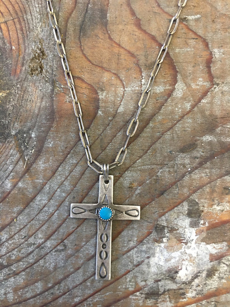 Delicate vintage sterling cross with turquoise