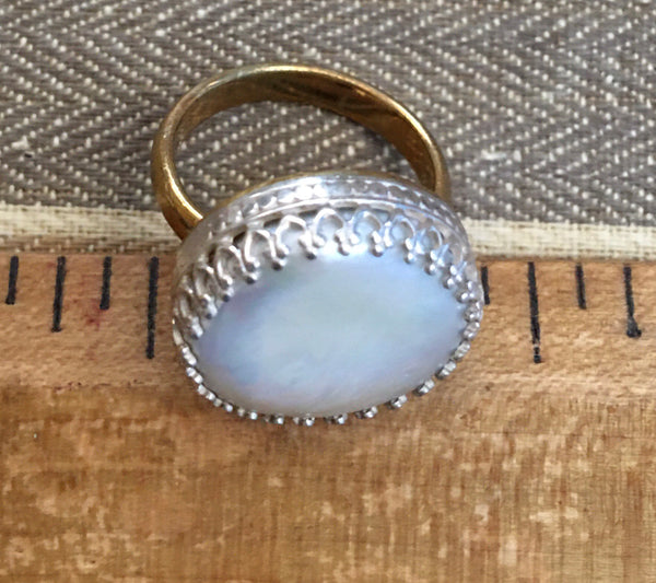 Fancy bezel mixed metal pearl ring