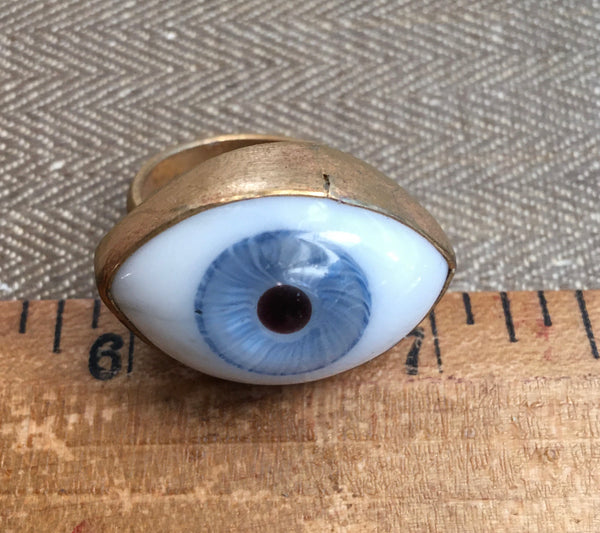 Size 9 hand-blown glass green eye ring set in brass