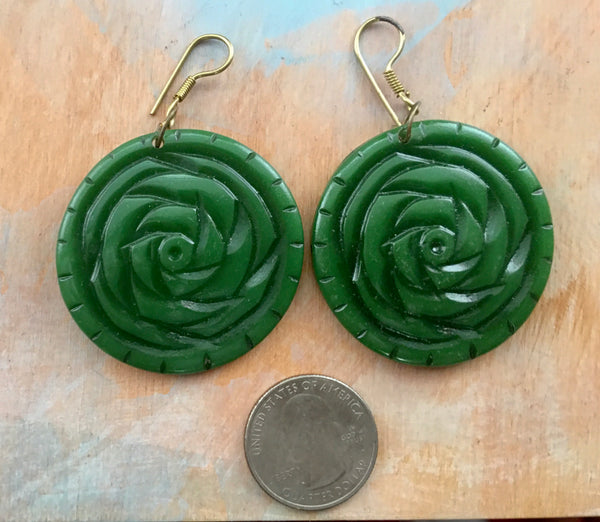 Green rose bud earrings