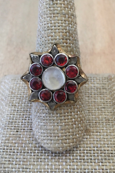 Garnet and moonstone flower ring