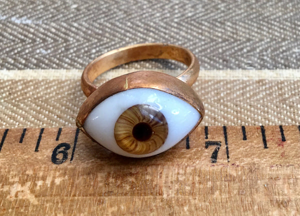 Size 9 hand-blown glass hazel eye ring set in brass