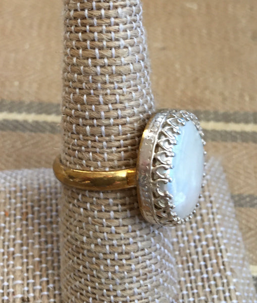 Fancy bezel mixed metal pearl ring