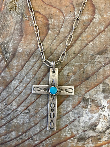 Delicate vintage sterling cross with turquoise