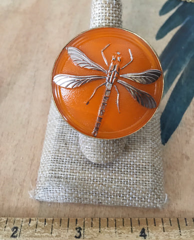 Orange Czech dragonfly ring