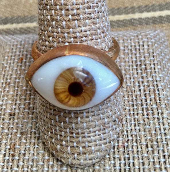 Size 9 hand-blown glass hazel eye ring set in brass