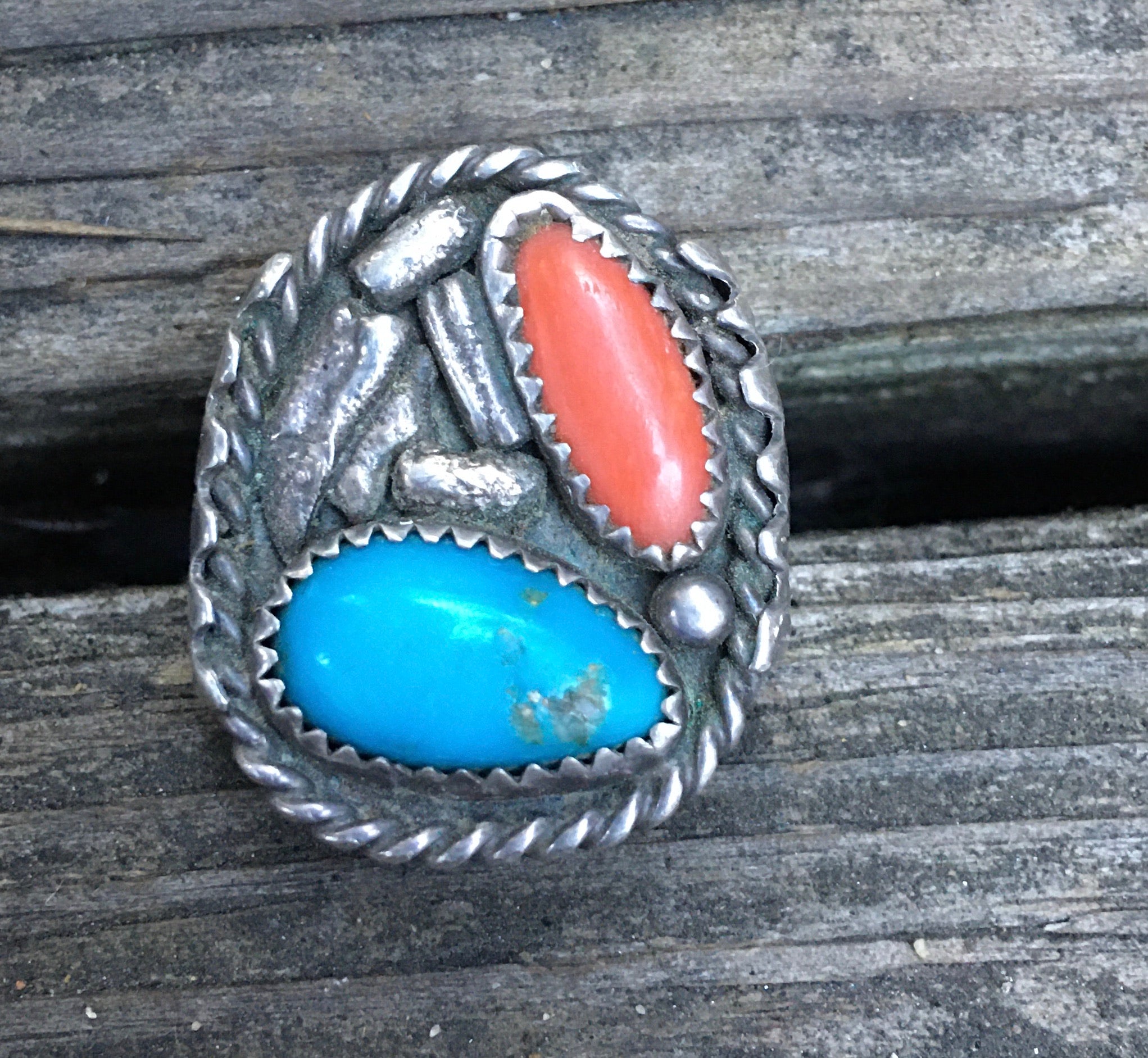 Coral and turquoise sterling ring size 8