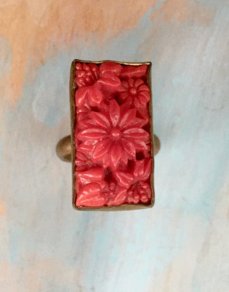 Coral glass carved flower ring