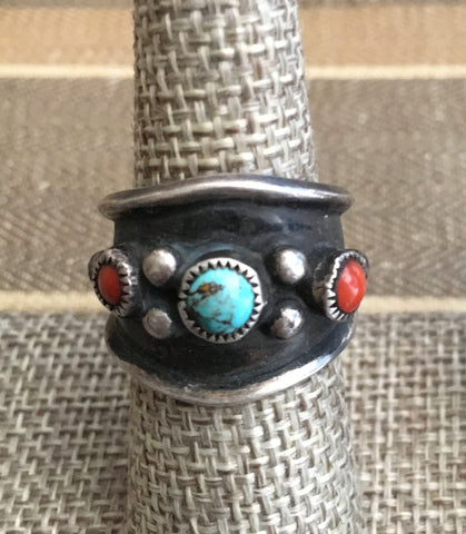 Wide band coral and turquoise vintage ring