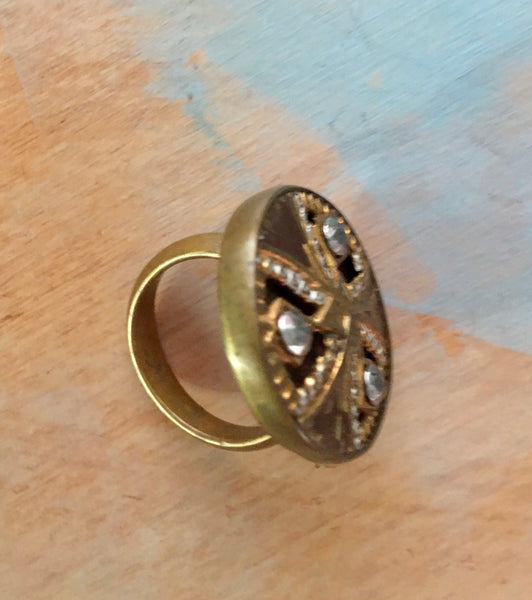 Steel cut antique button ring
