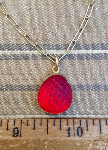 Vintage glowing strawberry charm on 18” brass chain